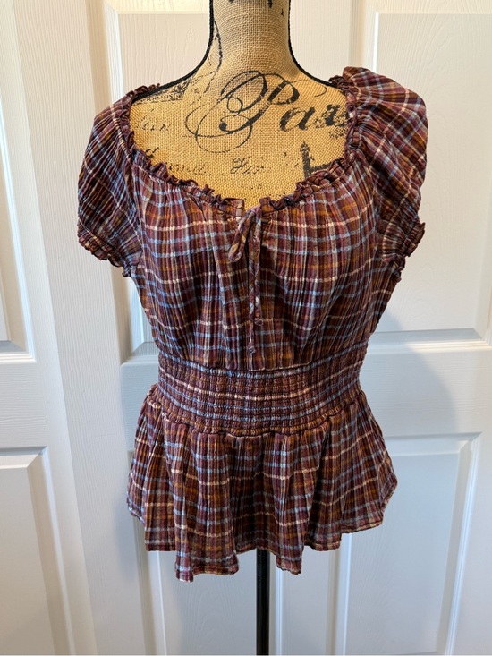 Old Navy Tops - Old Navy Rust Multi Plaid Peplum Smocked Waist Blouse